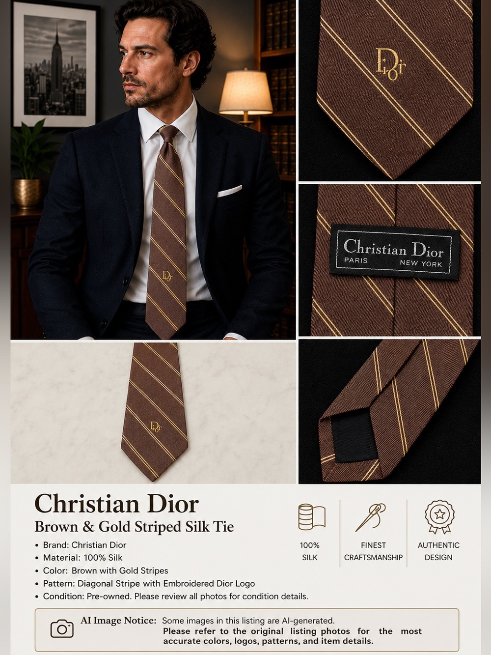 Dior Brown and Gold Silk Tie with Elegant Embroidery